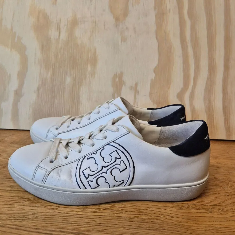 Tory Burch Women's T Logo Leather Sneakers White Navy Size 7M Low Top